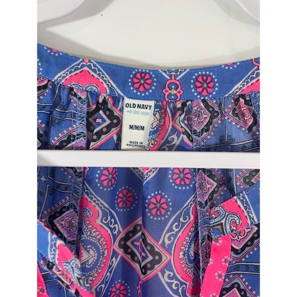 Medium Old Navy Blouse Boho Peasant Top Shirt Pink Blue Geometric Women Loose - Picture 3 of 8